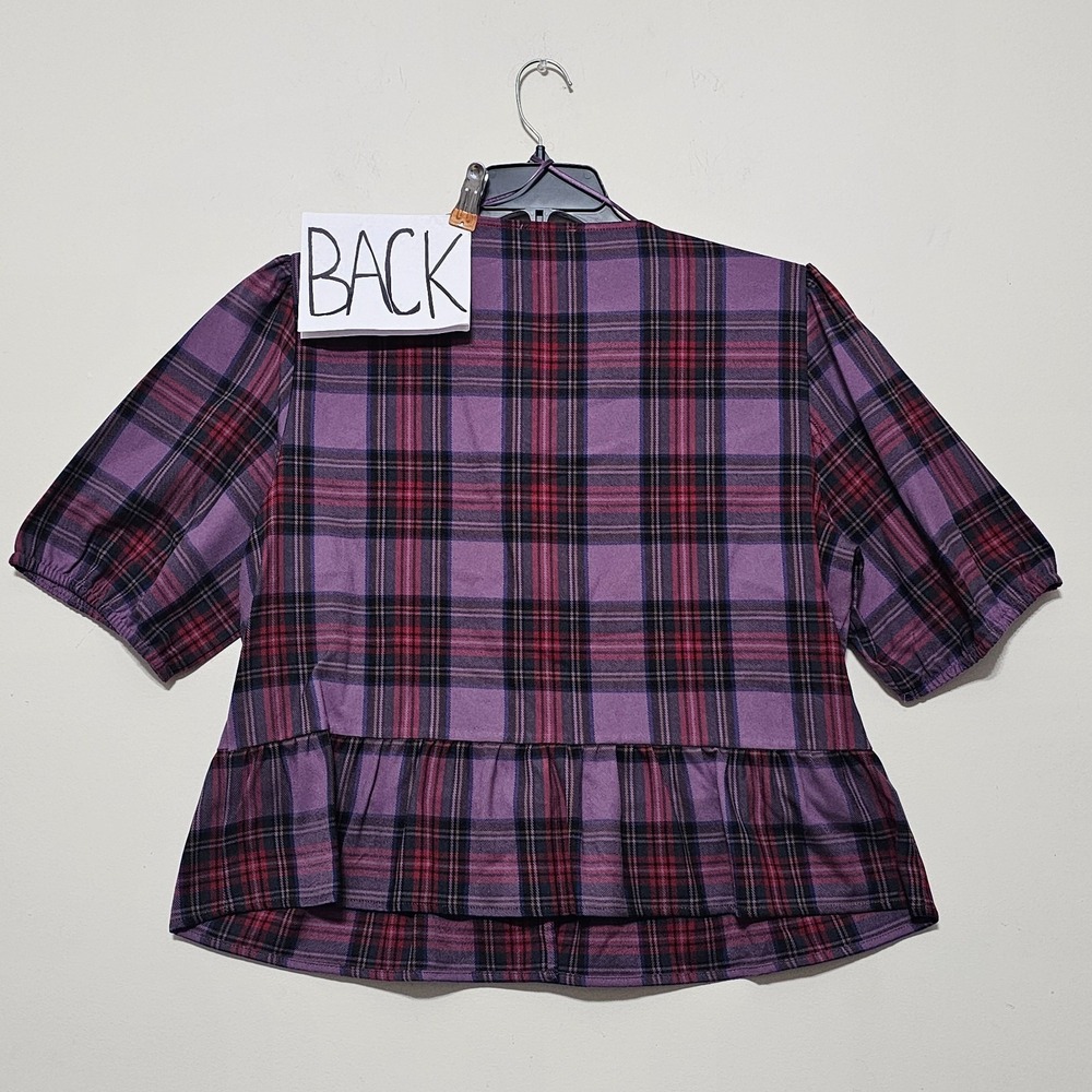 Cece Women's Top Blouse XL Purple Plaid Puff Short Sleeves Front Bow Tie 1102 - Picture 4 of 7